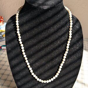 Vintage Hand Knotted White Czech Glass Pearl Bead Necklace Fancy Clasp 24